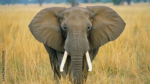  a close up of an elephant in a field of tall grass with trees in the back ground and a blue sky in the background.
