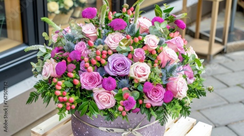  a bouquet of pink and purple flowers in a purple bucket on a bench in front of a store front window.