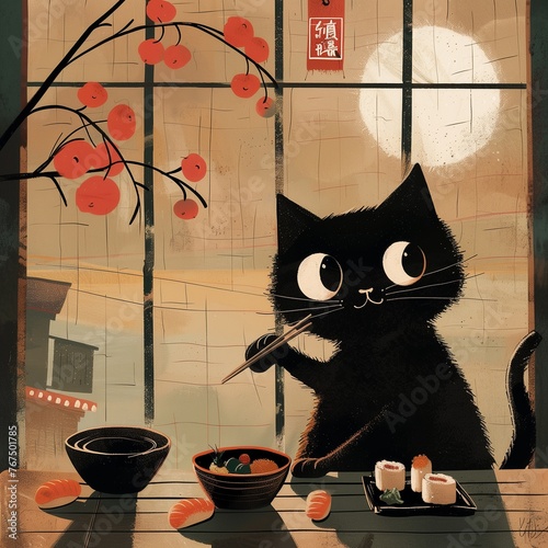 Cute black cat eating sushi and maki roll. Asian style illustration. Design poster for menu, restaurant