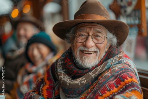 An old man, adorned in a sun hat and scarf, displays a cheerful smile for the camera. His wrinkled face speaks volumes of a life filled with travel, art, and happy events