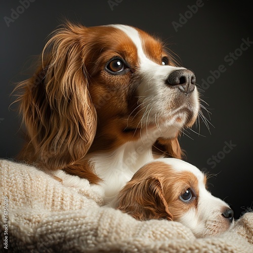 Cavalier King Charles Spaniel puppy and its mother, studio shot
