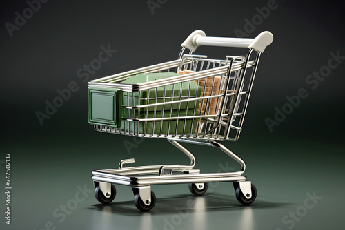 basket on wheels for buying groceries and goods in the supermarket. product marketing. commodity and consumer industry