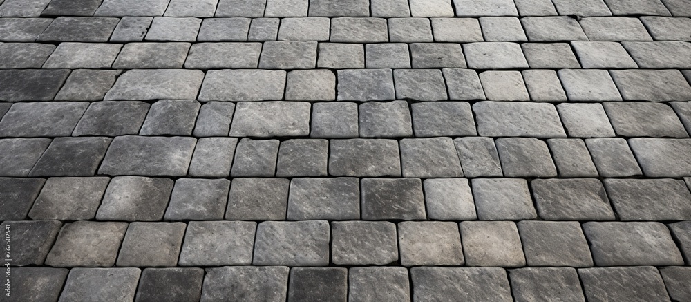 A detailed shot of a grey brick floor with a roof texture, showcasing the intricate pattern of the bricks and asphalt building material