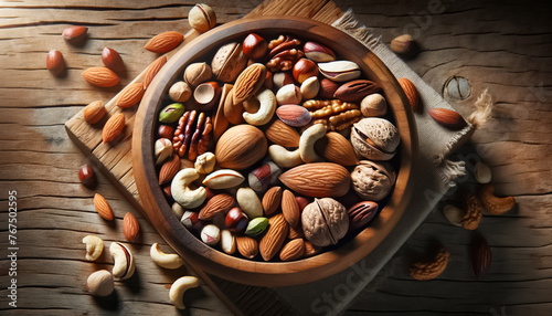 Assorted Nuts in Wooden Bowl on Rustic Table