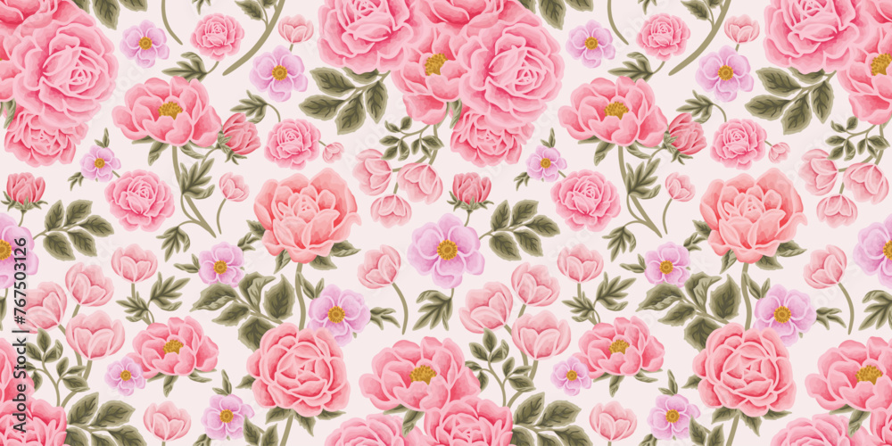 Hand drawn vintage rose, peony, tulip flower vector seamless pattern illustration for paper wrapping, decoration, birthday gift, organic floral products, nature brand elements