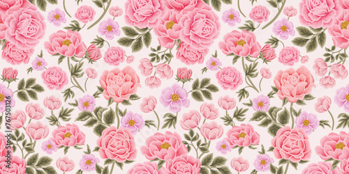 Hand drawn vintage rose, peony, tulip flower vector seamless pattern illustration for paper wrapping, decoration, birthday gift, organic floral products, nature brand elements
