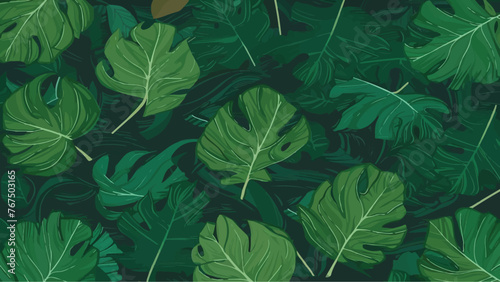 Vintage Green Monstera leaves on a seamless background, flat vector design. photo