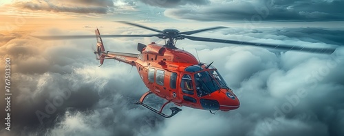 A red helicopter, a type of rotorcraft vehicle capable of air travel, is navigating through the clouds in the fluid medium of the sky, showcasing the marvel of aviation photo
