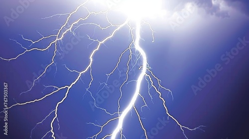  a picture of a lightning bolt in the sky with a bright lightening behind it and a blue sky with white clouds.