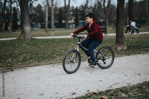 A boy riding his bicycle through a park, exemplifying an active and joyous childhood outdoors.