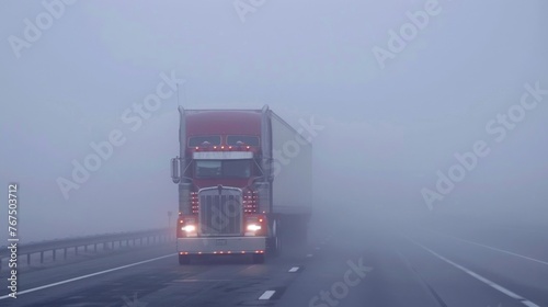 A semi truck jackknifed on a highway partially hidden in a dense fog.