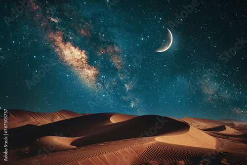 Generative AI Image of Arabian Desert View with Crescent Moon and Galaxy in Blue Sky