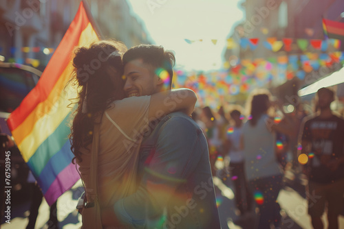 Bisexual couple at gay pride parade, embrace between man and woman of lgbt sexuality with a rainbow flag in the streets in celebration © Simn