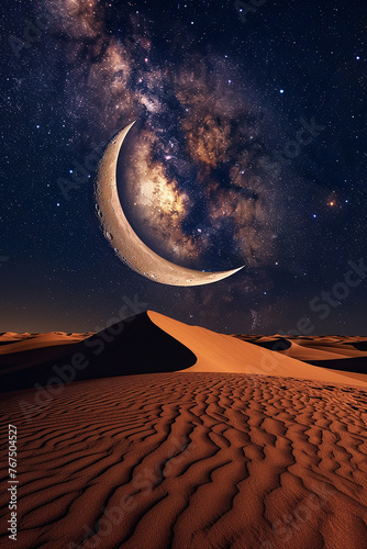 Generative AI Image of Arabian Desert View with Huge Crescent Moon and Galaxy at Night