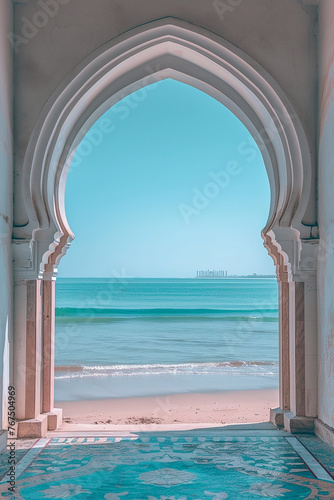 Generative AI Image of Frame of Mosque Entrance Gate with Beach View in Summer