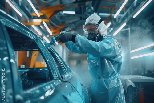 Automotive worker spraying paint on a car - The image captures the precision required in automotive painting, showing a worker in protective gear attentively spray painting a vehicle