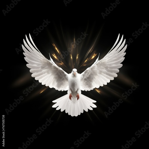 Majestic dove with wings spread on black - A radiant dove spreads its wings against a dark backdrop, symbolizing peace and purity amidst chaos © Tida