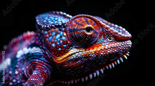 portrait of an colorful face of a chameleon detailed on black background