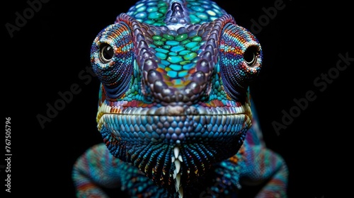 portrait of an colorful face of a chameleon detailed on black background