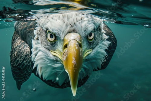 Stunning bald eagle submerged in water - Close-up shot of a majestic bald eagle partially submerged in water with an intense gaze photo