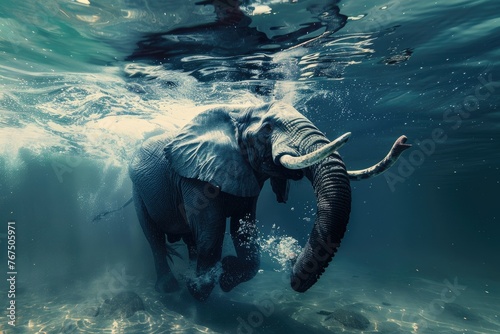 Swirling waters around a submerged elephant - An African elephant is depicted swimming, creating dynamic swirls and bubbles, showcasing its agility underwater