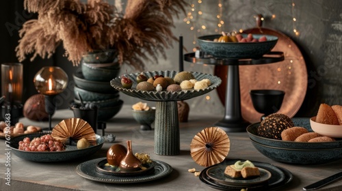  a table topped with plates of food next to a vase filled with flowers and a vase with a plant in it.