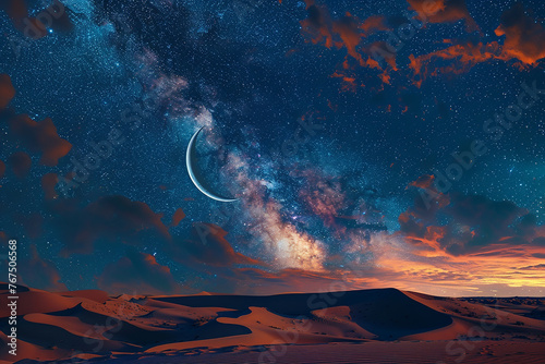 Generative AI Image of Peaceful Nature View in Desert with Crescent and Galaxy at Night