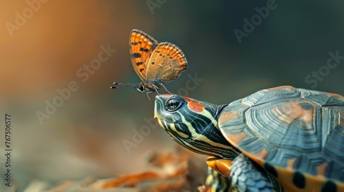 a butterfly stand on the nose of a turtle with blur background