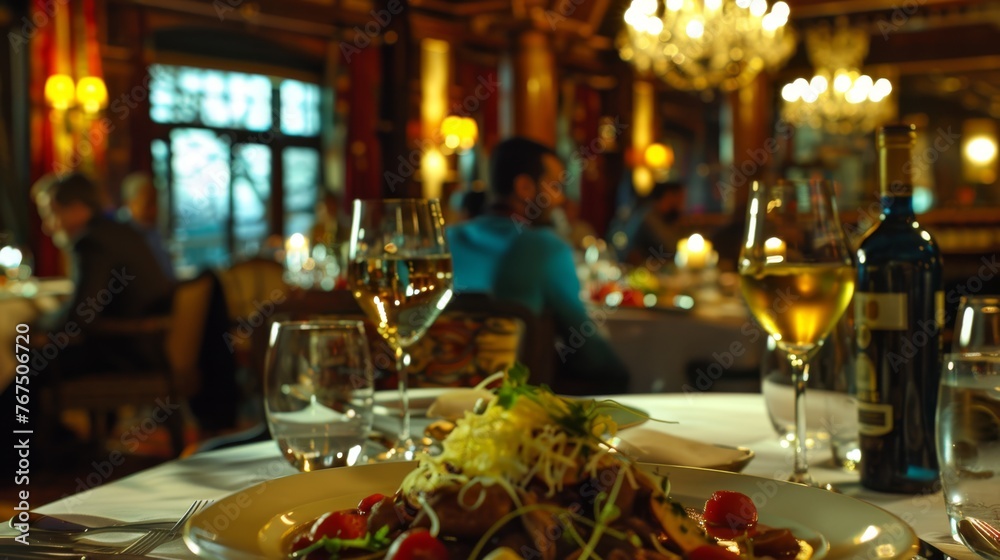  a plate of food sitting on top of a table next to a glass of wine and a bottle of wine.