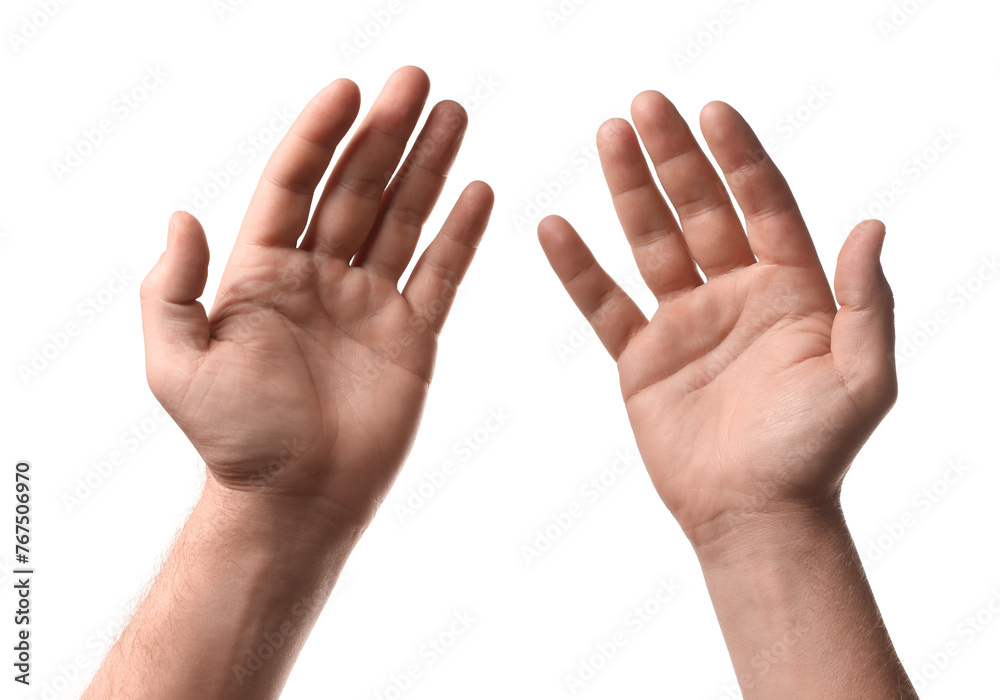 Religion. Man with open palms praying on white background, closeup Religion. Man with open palms praying on white background, closeup