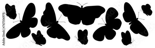 Set of silhouettes of winged insects, various butterflies.Vector graphics.