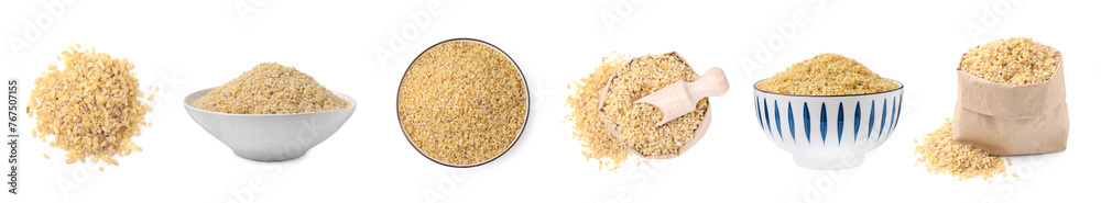Dry uncooked bulgur isolated on white, set Dry uncooked bulgur isolated on white, set