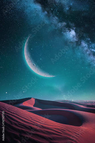 Generative AI Image of Sand Dune in Desert with Crescent and Galaxy in Blue Sky