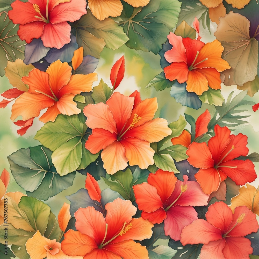 seamless floral pattern with vibrant watercolor  in lush green hues, adorned with tropical hibiscus flowers in shades of red and orange