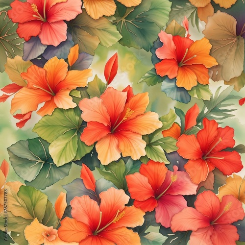 seamless floral pattern with vibrant watercolor in lush green hues, adorned with tropical hibiscus flowers in shades of red and orange