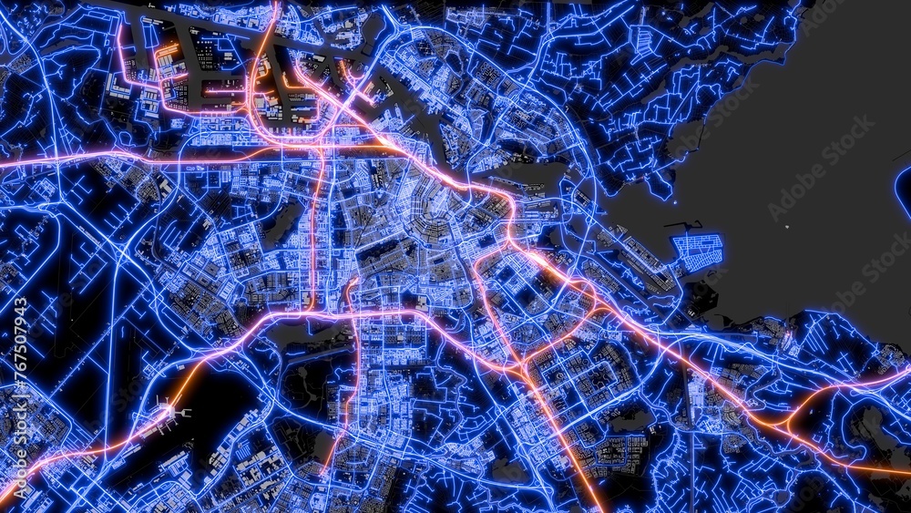 The street map of Amsterdam  (Holland) consists of blue glowing neon lines on a black background. Top view of the city center with the road network. The border of water and land. - obrazy, fototapety, plakaty 