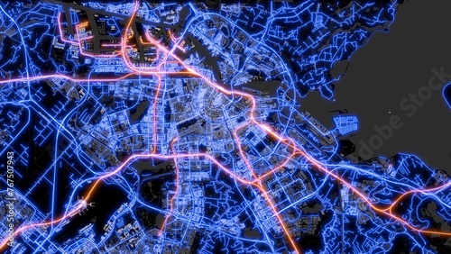 The street map of Amsterdam  (Holland) consists of blue glowing neon lines on a black background. Top view of the city center with the road network. The border of water and land.