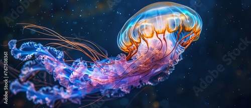 Ethereal Drifters Closeup of a jellyfish, its translucent body glowing with iridescent colors against the deep blue sea, embodying the grace of the oceans ballet , vibrant photo