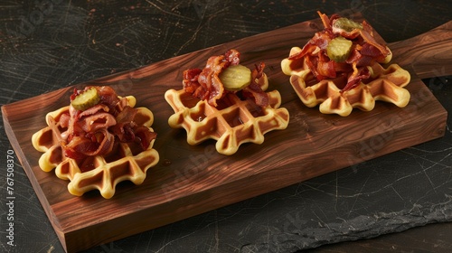  three waffles with bacon and other toppings on a wooden cutting board next to a knife on a black surface.