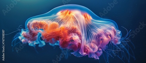 Ethereal Drifters Closeup of a jellyfish, its translucent body glowing with iridescent colors against the deep blue sea, embodying the grace of the oceans ballet , vibrant © NatthyDesign