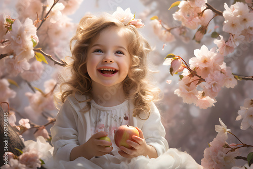 happy girl outdoors in a summer garden with red apples. childhood and outdoor recreation