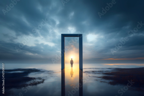 silhouette of a man in an open door in nature. the concept of going through a portal to another world. fantasy of transformation of another dimension of the universe