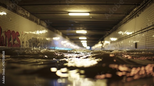 An underpass tunnel is filled with water rendering it unusable and causing major disruptions to public transportation. photo