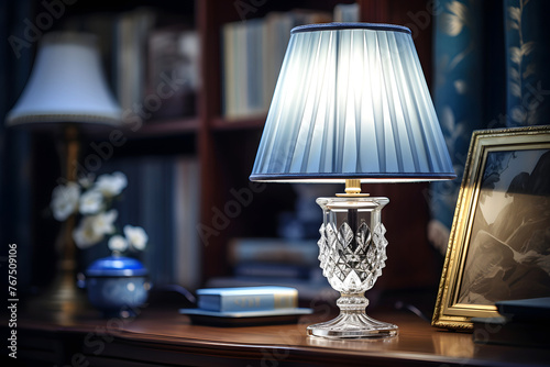 home lamp with lampshade on the table. electric lamp. home interior and equipment. lighting in the house photo
