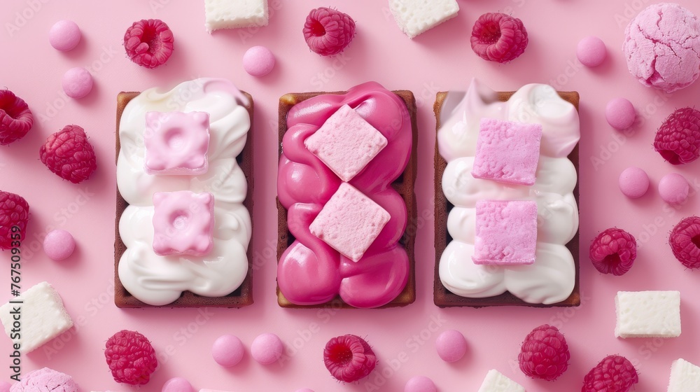  pink and white desserts with raspberries and marshmallows laid out on a pink and white surface.