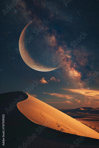 Generative AI Image of Nature View of Sand Dune in Desert with Crescent at Night