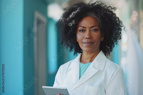 A Black woman in her mid-60s wearing white coat with a determined expression stands confidently against a bright blue background. lady doctor holding a tablet.  © Dinusha