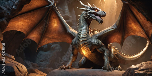 Ai generated illustration with a majestic dragon in its cave  