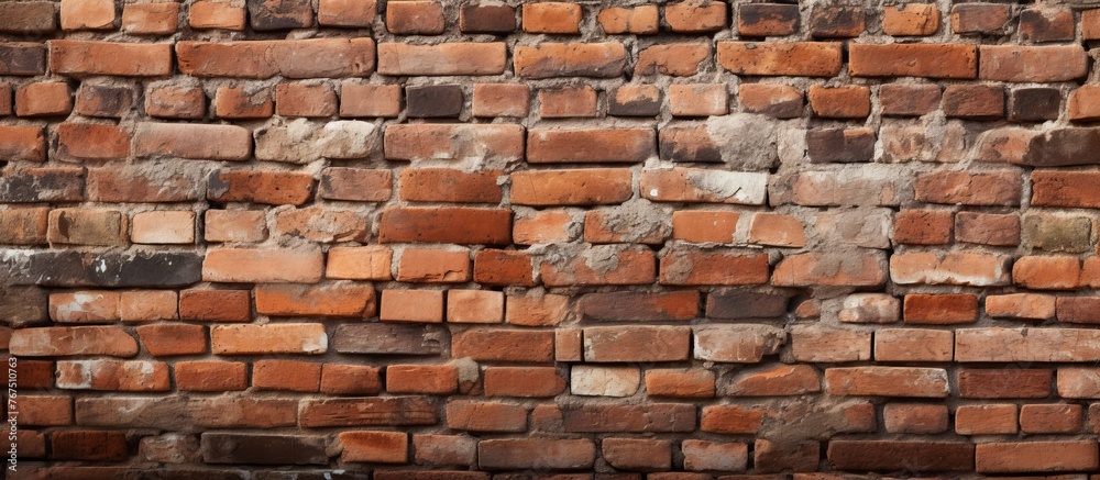 Fototapeta premium An artistic closeup of a brown brick wall showcasing the rectangular shapes of the bricks, highlighting the beauty of brickwork as a composite building material used in construction and flooring