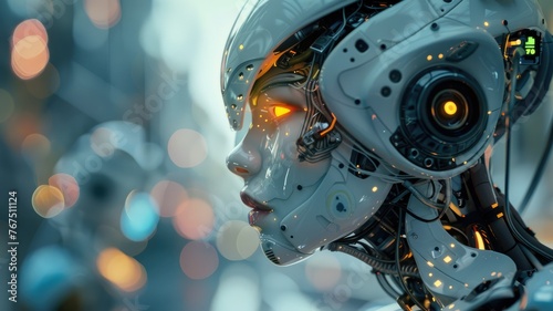 Close-up of a female robot with glowing eyes - A highly detailed female robot face with illuminated eyes and mechanical components represents cutting-edge AI © Tida